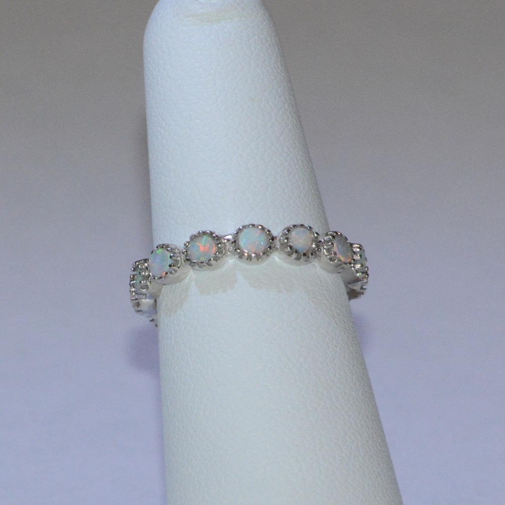 925 Sterling Silver Round White Opal Eternity Ring - Picture 5 of 5